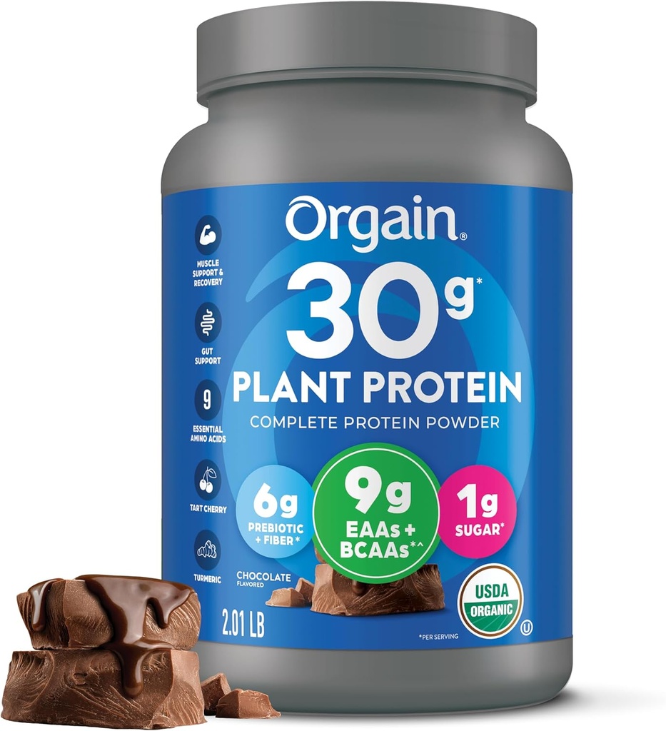 Orgain Organic 30g Vegan Protein Powder, Chokolade 9g EAA + BCAA, Plant Protein, 6g Prebiotic + Fiber, 1g Sukker, Pre- Workout, Muskelstøtte + Inddrivelse - 2.01lb (Packaging May Vary)