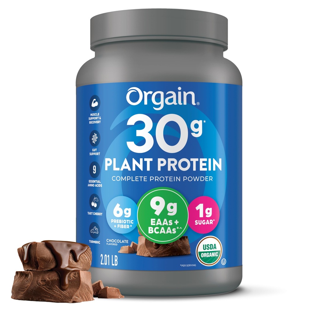 Orgain Organic 30g Vegan Protein Powder, Chokolade 9g EAA + BCAA, Plant Protein, 6g Prebiotic + Fiber, 1g Sukker, Pre- Workout, Muskelstøtte + Inddrivelse - 2.01lb (Packaging May Vary)