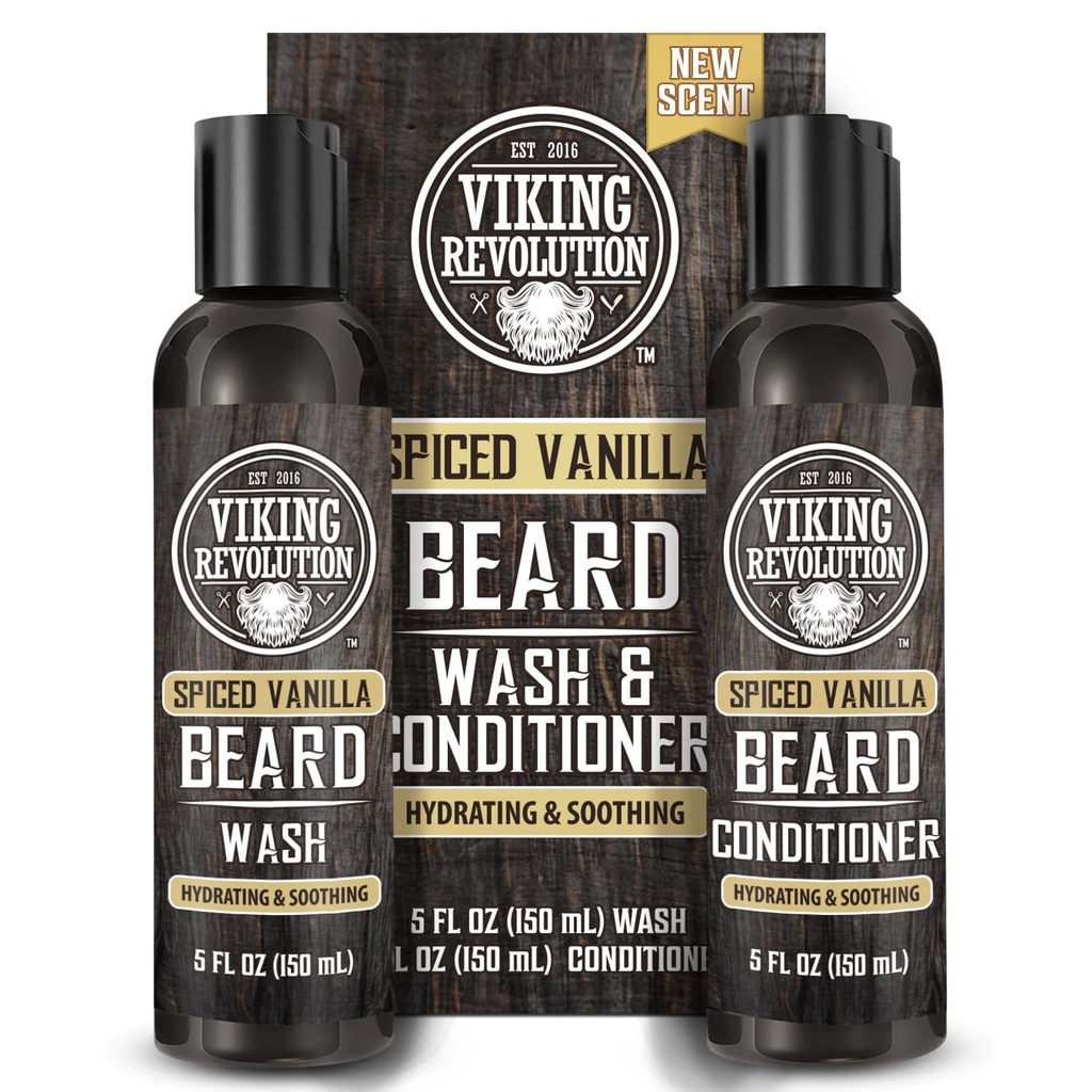 Viking Revolution Beard Wash og Beard Conditioner for mænd med Argan Oil og Jojoba Oil - Beard Softener og Stronthener Beard Care Beard Shampoo og Conditioner med Beard Oil (5oz, Spiced Vanilla)