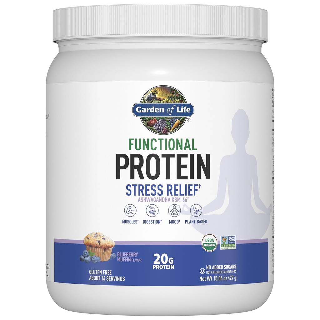 Livets have - Funktionel Protein Stress Relief - 20g Organic Sprued & Fermented Protein Blend - Blåbær Muffin, Mood Blend til Stress Management, Ashwagandha KSM- 66, Vegan - Om 14 Serveringer