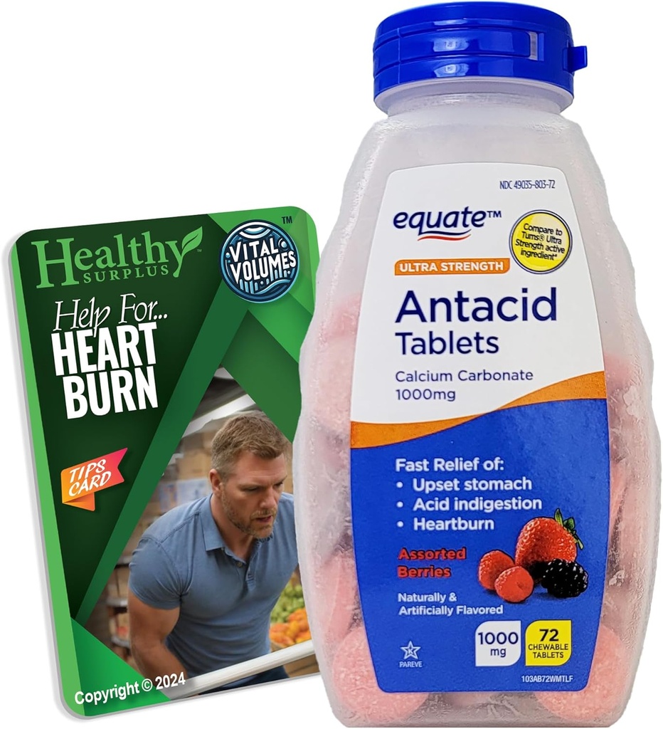 Ultra Strength Antacida Tablets - Calcium Carbonat 1000mg - 71 Chewable Tablets Assorted Berries and Vital Volumes Tips Card Bundle