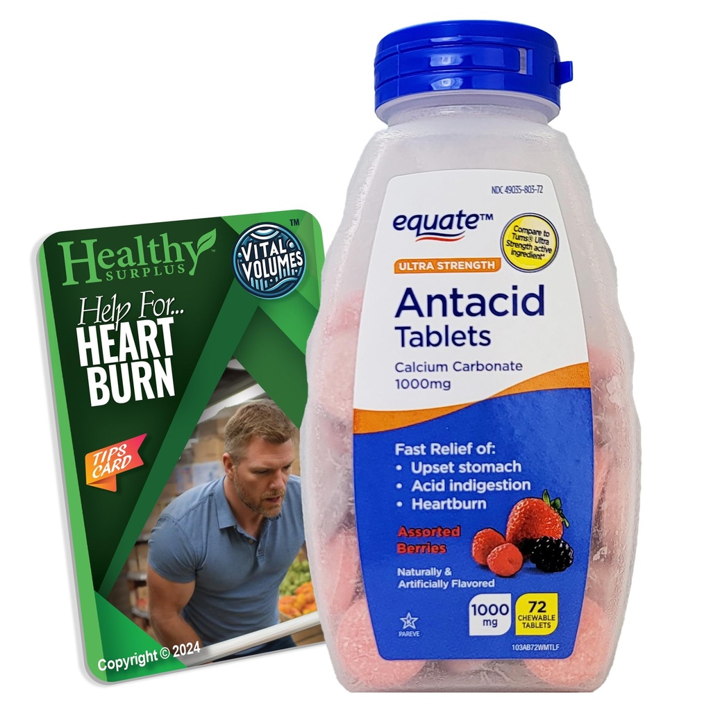 Ultra Strength Antacida Tablets - Calcium Carbonat 1000mg - 71 Chewable Tablets Assorted Berries and Vital Volumes Tips Card Bundle
