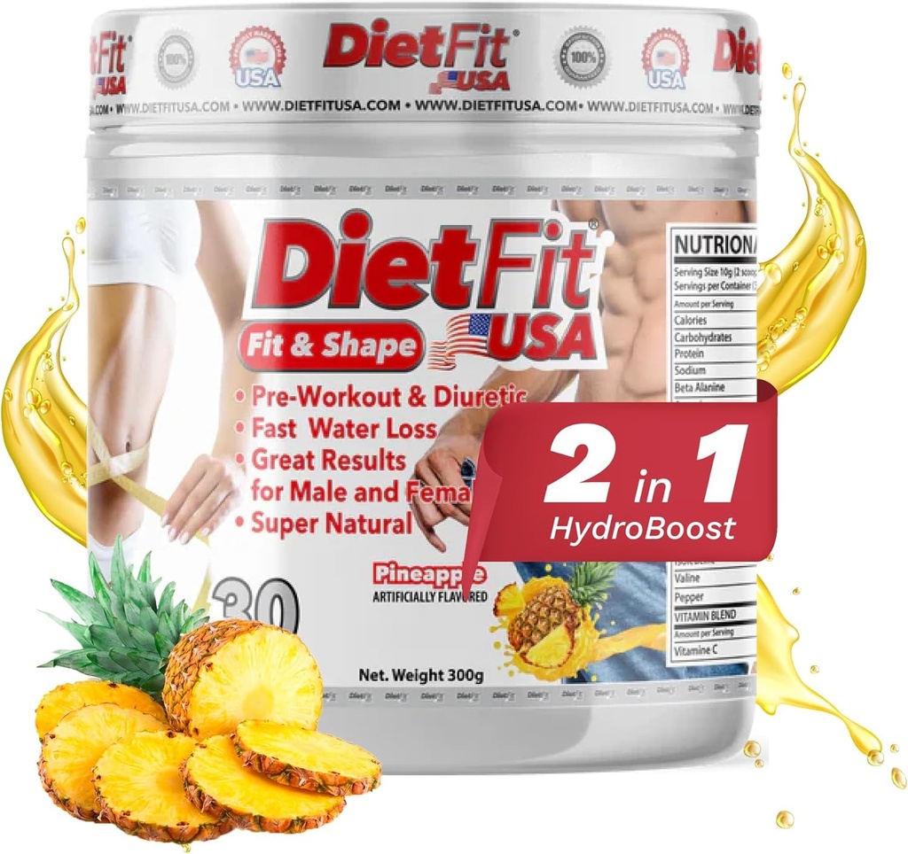 DIETFIT | Pre-Workout and Diuretic 300 Grams | Hydroboost 2-in-1 | Pre-Workout & Diuretic | Intense Energy | Pineapple Flavor | 30 Servings | Fitness Supplements