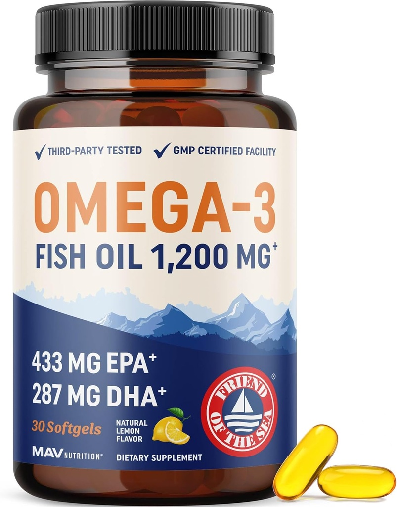 Triple Strength Omega 3 Fish Oil 1200 mg | EPA & DHA | Wild Caught, Sustainably Sourced Omega-3 Fatty Acids | Premium Burpless Fish Oil Supplements | Non-GMO, Third-Party Tested | 30 Softgels