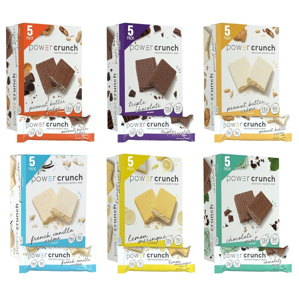 Power Crunch Protein Wafer Bars, Variety Pack, i 6 Arme 1.4 Ounce Bars (30 Greve). Høj protein snacks med lækker smag