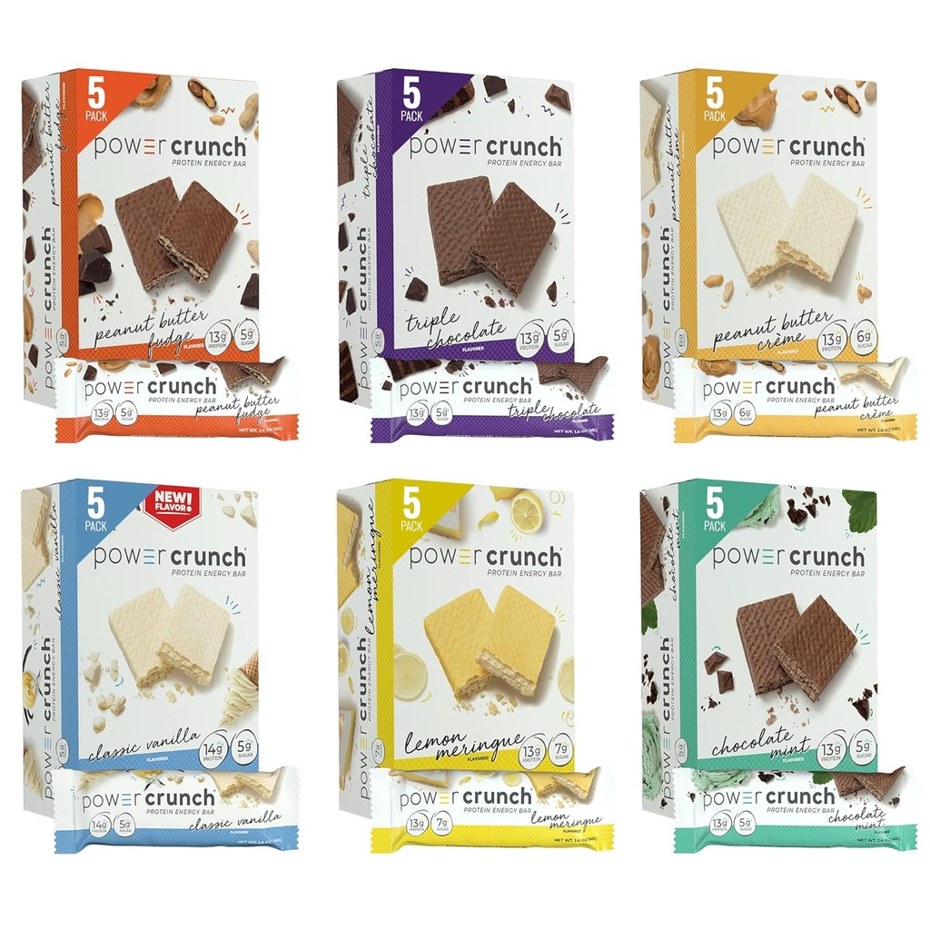 Power Crunch Protein Wafer Bars, Variety Pack, i 6 Arme 1.4 Ounce Bars (30 Greve). Høj protein snacks med lækker smag