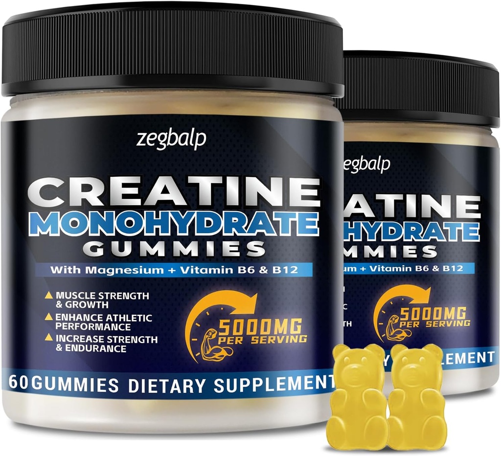 Creatine monohydrat Gummies 5g til mænd og kvinder - Sukker fri Creatine Gummy 5000mg med Magnesium Taurat, L- Taurine, vitamin B 6 & B12 til muskelstøtte, Energy Boost, Pre- workout, 120 Tæl