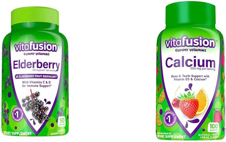 Vitafusion Elderberry Gummy Vitaminer 90ct og Calcium Gummy Vitaminer 100ct for ben tænder immunforsvar