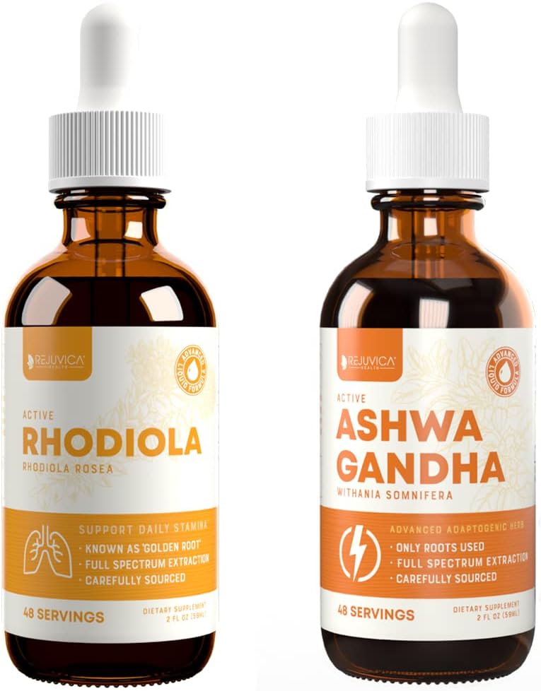 Rejuvica Health Active Rhodiola + Active Ashwagandha - Support Energy + Stress - Flydende levering til bedre absorption - Rhodiola Root & Ashwagandha Root