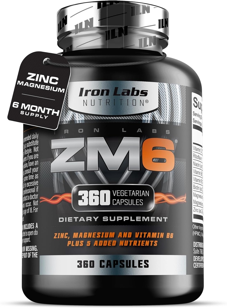 Jern Labs ZM6 - 6 måneders forsyning - Zink Magnesium Aspartat supplement - 360 Vegetariske kapsler - Magnesium og zink kosttilskud til mænd og kvinder