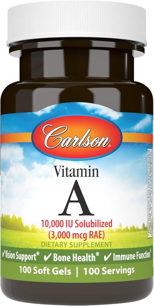 Carlson - vitamin A solubiliseret, 10000 IE (3000 µg RAE), vandopløselig, Vision Health, 100 Softgels