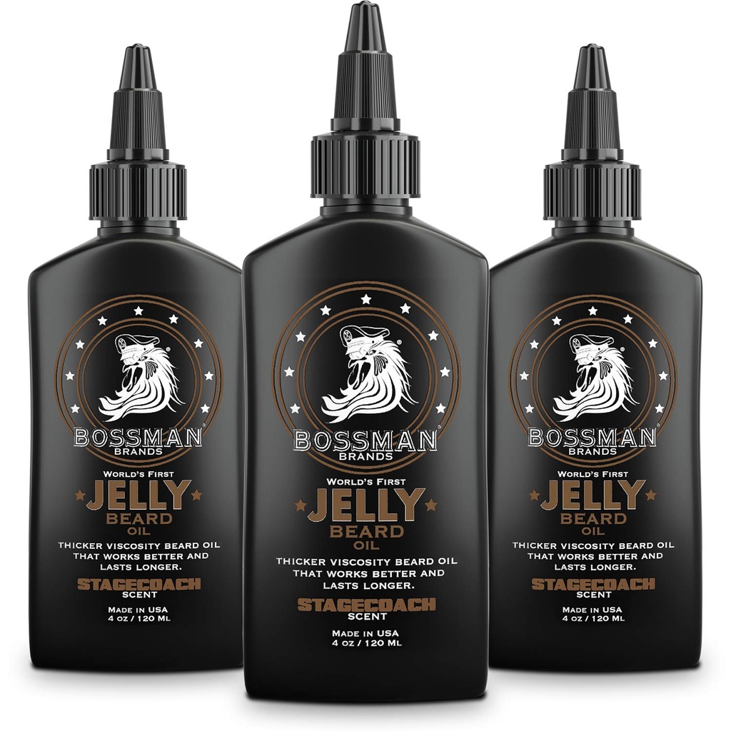 Bossman Jelly Beard Oil til mænd 3 Pack (12 oz i alt, Stagecoach Duft) - Softens, Fugt & Betingelser med naturlige ingredienser