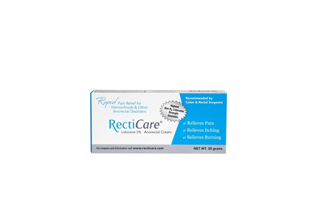 Recticare Anorectal Lidocain 5% Cream: tematisk tælling Cream til behandling af hæmorider & andre anorektale lidelser - 30g Tube