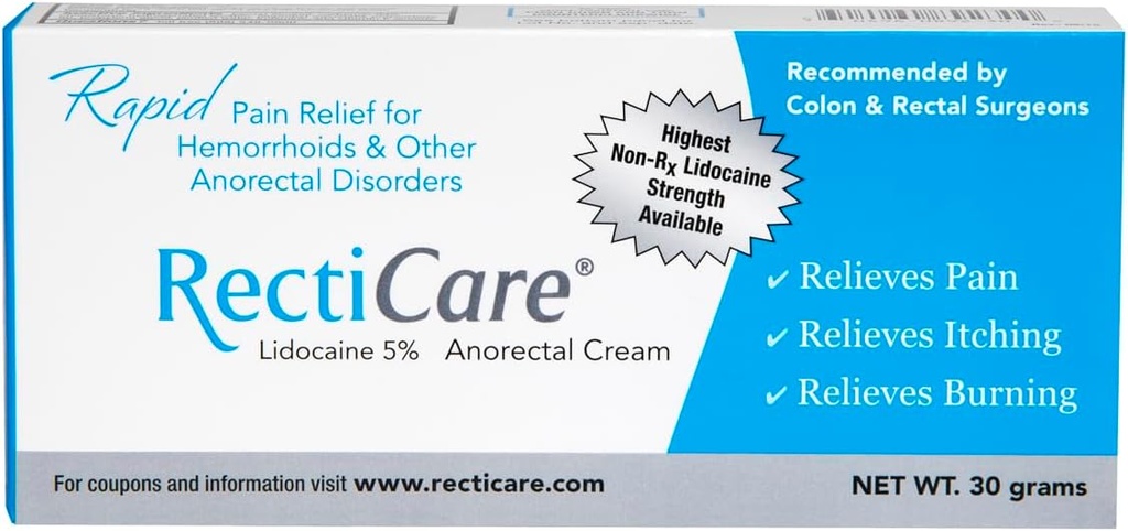 Recticare Anorectal Lidocain 5% Cream: tematisk tælling Cream til behandling af hæmorider & andre anorektale lidelser - 30g Tube