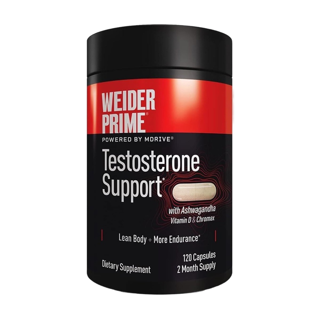 Weider Prime Testosteron Support - Mænds Nutrition - Beriget med vitaminer og mineraler - med Ashwagandha, Chromax Chrom, Bioperine & Zink - Gluten Free - 120 kapsler