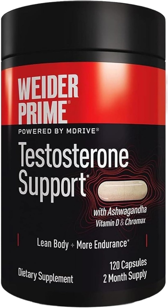 Weider Prime Testosteron Support - Mænds Nutrition - Beriget med vitaminer og mineraler - med Ashwagandha, Chromax Chrom, Bioperine & Zink - Gluten Free - 120 kapsler