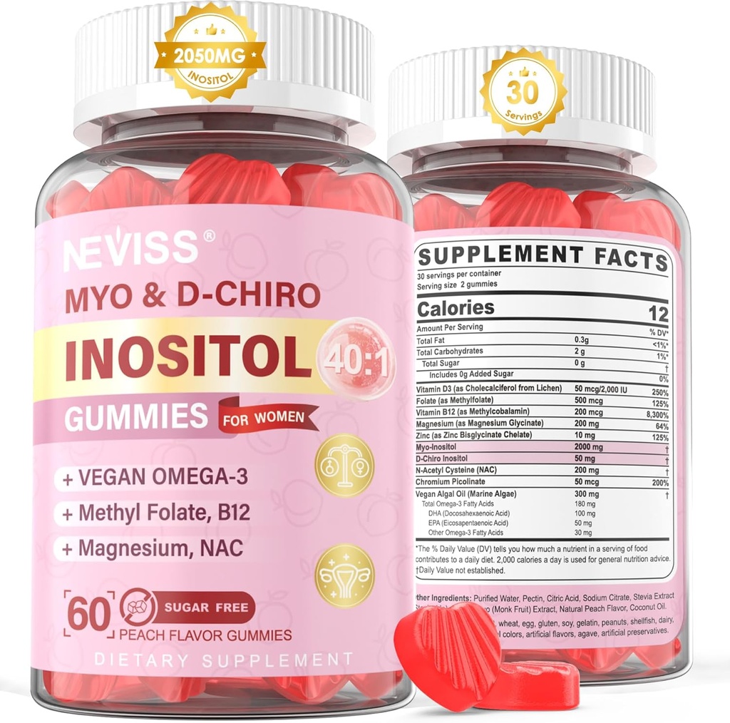 Myo- Inositol & D- Chiro Inositol Gummies Sugar Free, Ideal 40: 1 Ratio Inositol Supplement for kvinder w / Vegan Omega-3, D3, Magnesium, Methyl Folate, B12, Inositol Multivitamin for kvinders samlede sundhed