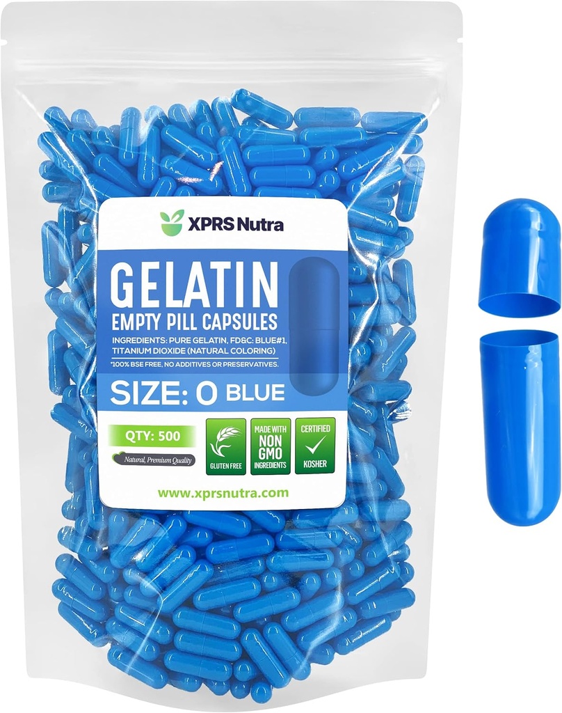 XPRS Nutra Størrelse 0 Tomme kapsler - 500 Tomme Gelatine kapsler - Piller gør det - Pure Bovin Pill Gel Caps til Do- It- Yourself Kosttilskud (blå)
