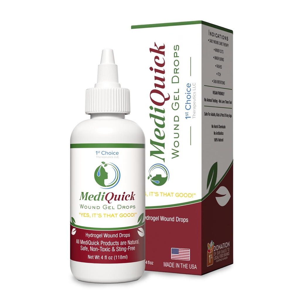 MediQuick Skin & Wound Care Hydrogel Drops - Quick Healing Førstehjælp Drops med 12 Timer Handling til Heal Cuts, Burns, Inflammation, Udslæt, Itch, Eczema & Mere - Safe Way Wash med No-Sting - 4 Fl Oz