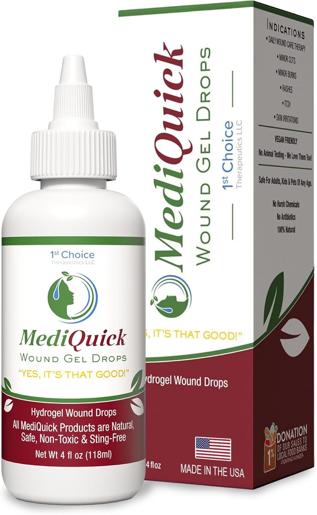 MediQuick Skin & Wound Care Hydrogel Drops - Quick Healing Førstehjælp Drops med 12 Timer Handling til Heal Cuts, Burns, Inflammation, Udslæt, Itch, Eczema & Mere - Safe Way Wash med No-Sting - 4 Fl Oz