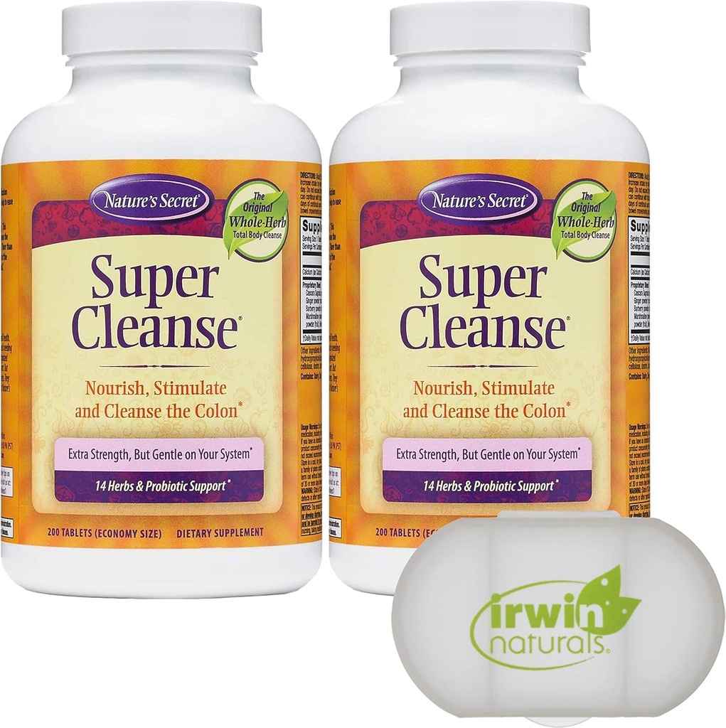 Nature 's Secret Super Cleanse Extra Strength Toxin Detox & Gentle Elimination Total Body Cleanse, Digestive & Colon Health Support, 2 pakker med 200 tabletter, med en pillekasse
