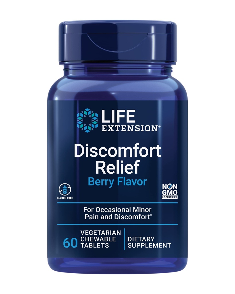 Life Extension Pea Discomfort Relief (Berry Flavor) til lejlighedsvis mindre smerte & ubehag - Palmitoylethanolamid Supplement - Glutenfri, ikke-GMO, Vegetar - 60 tyggetabletter