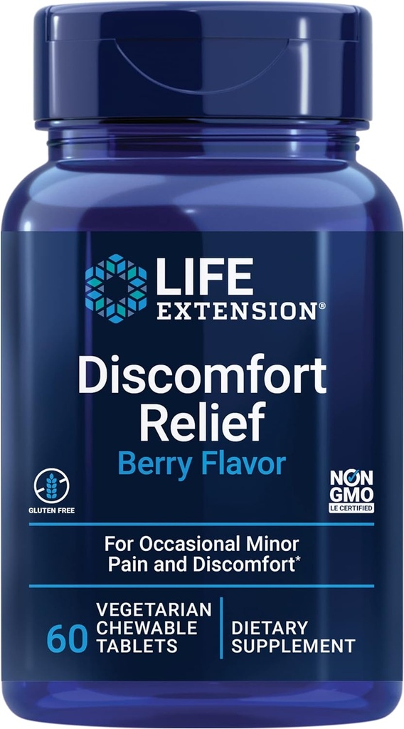 Life Extension Pea Discomfort Relief (Berry Flavor) til lejlighedsvis mindre smerte & ubehag - Palmitoylethanolamid Supplement - Glutenfri, ikke-GMO, Vegetar - 60 tyggetabletter