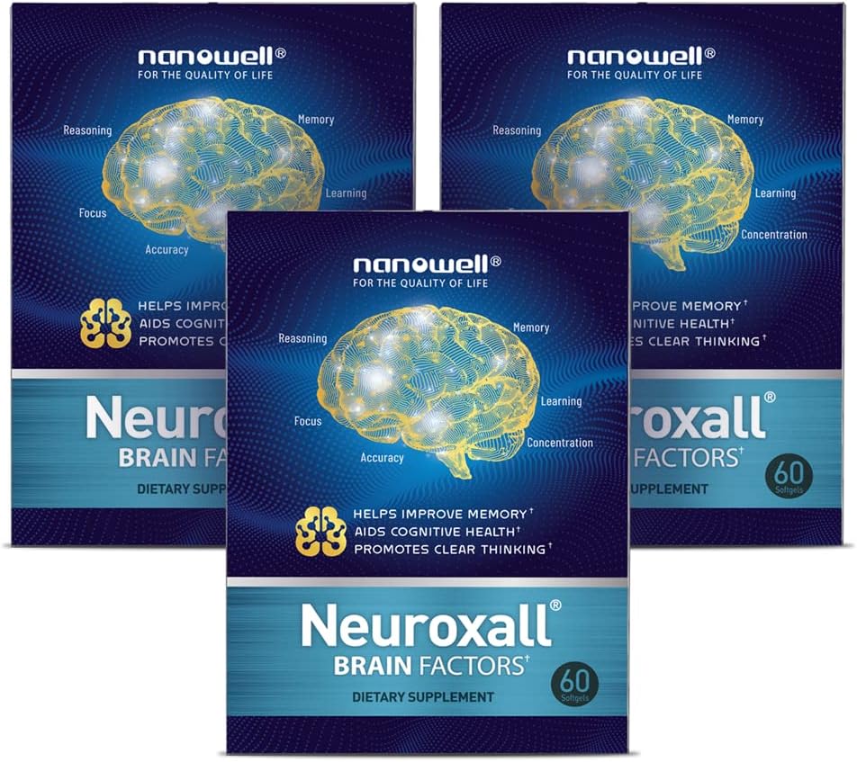 NANOWELL Neuroxall Brain Health Supplement for Enhanced Cognitive Function and Mental Clarity, Astaxanthin, Ginkgo Biloba Extract, Antioxidant - 60 Softgels X 3 bokse til 3 måneder (180 Greve)