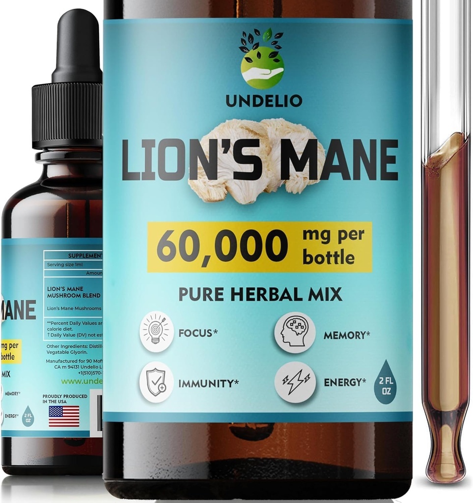 Lions Mane Supplement - Daily Mushroom Supplement for Memory, Focus & Clarity - Brain Booster - Lions Mane Tincture for Natural Immune Support - Vegan, Organic - 2 Fl oz
