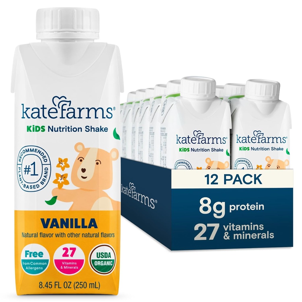 KAT FARMS Organic Kids Nutrition Shake, Vanilla, 8g protein, 27 vitaminer og mineraler, Meal Erstatning Drink, Protein Shake, Gluten Free, Non- GMO, 8.45 Fl oz (Pack of 12)