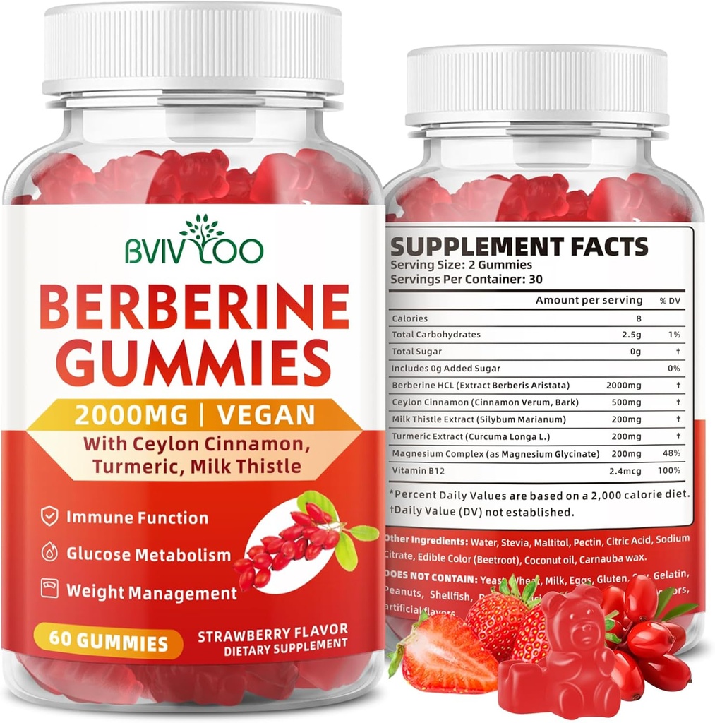 Berberine Gummies, Sugar Free 2000mg High Potency Berberine HCI Supplement, Plus Ceylon Cinnamon, Milk Thistle for Women & Men, Immunsystem & Metabolisme Support - 60 Gummies