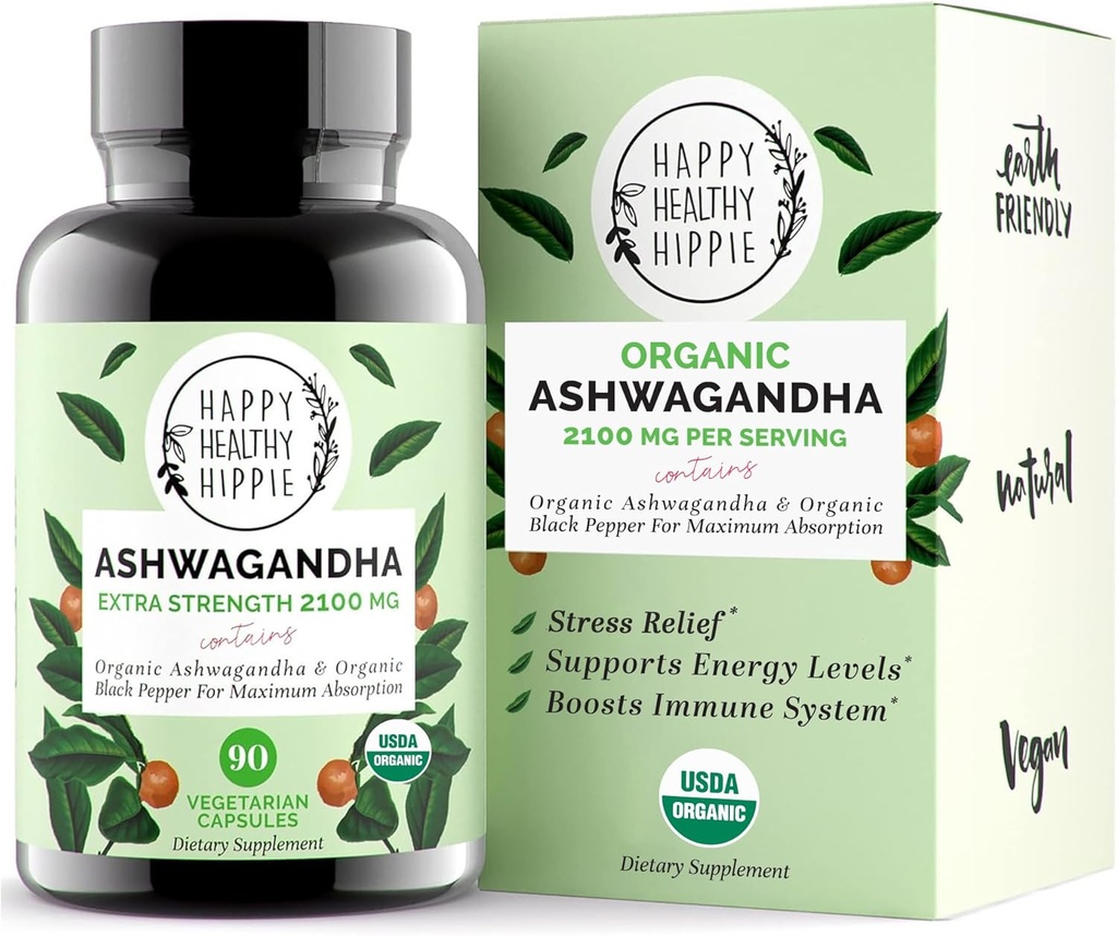 Organic Ashwagandha Capsules 2100mg - Stress Relief supplement - Ekstra styrke, 100% Herbal, Energi, Mood & Cortisol Manager, Inkluderer sort peber til høj absorption - ikke-GMO, 90 Ct