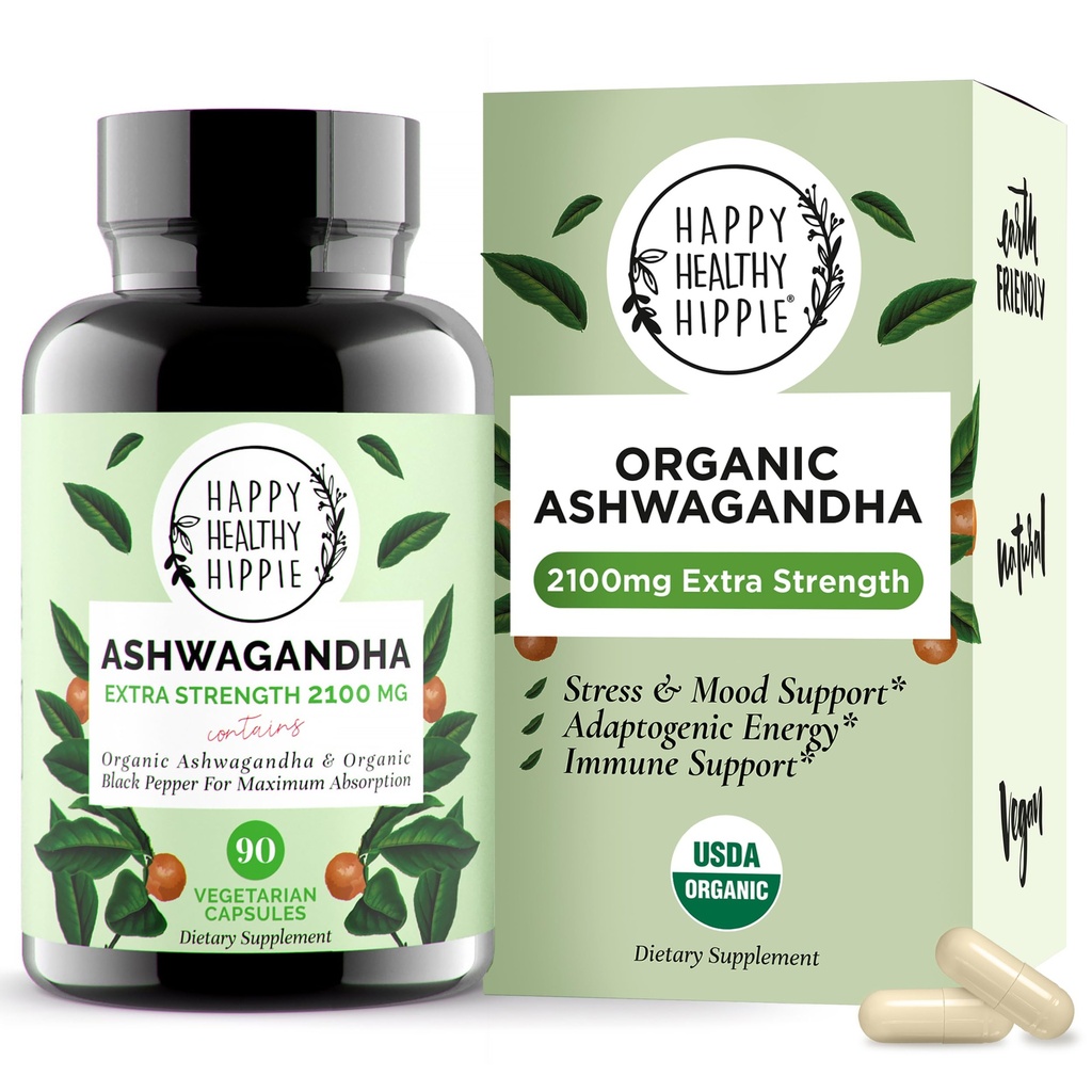 Organic Ashwagandha Capsules 2100mg - Stress Relief supplement - Ekstra styrke, 100% Herbal, Energi, Mood & Cortisol Manager, Inkluderer sort peber til høj absorption - ikke-GMO, 90 Ct
