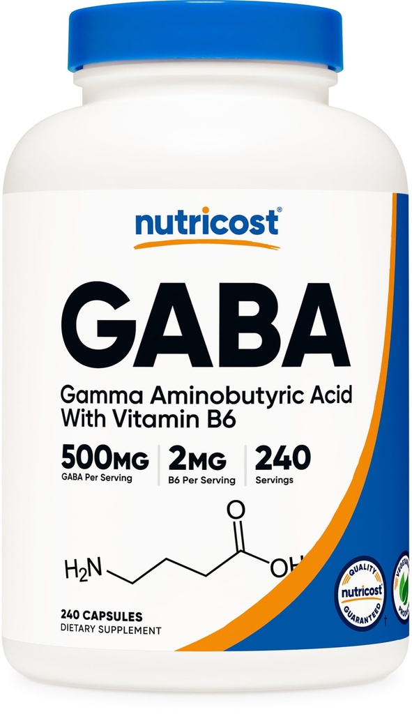 Nutricost GABA (Gamma Aminosmørsyre) + vitamin B6, 500 mg per servering, 240 kapsler