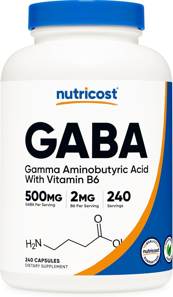 Nutricost GABA (Gamma Aminosmørsyre) + vitamin B6, 500 mg per servering, 240 kapsler