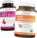 Beet Root & Ashwagandha (1 - Måned Supply) Vital Energy Blend - Organic Beet Root med Black Pepper til Absorption 1250mg (60 tabletter) & Organic Ashwagandha med Black Pepper 1350mg Per serve (60 Caps)