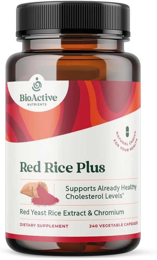BIOAKTIVE NUTRIENSER Red Rice Plus Supplement- 240 Vegetabilske kapsler - Proprietær Blend af gurkemeje, sort peber, Cayenne Pepper, Ingefær Root, og Rosemary - Kolesterol support