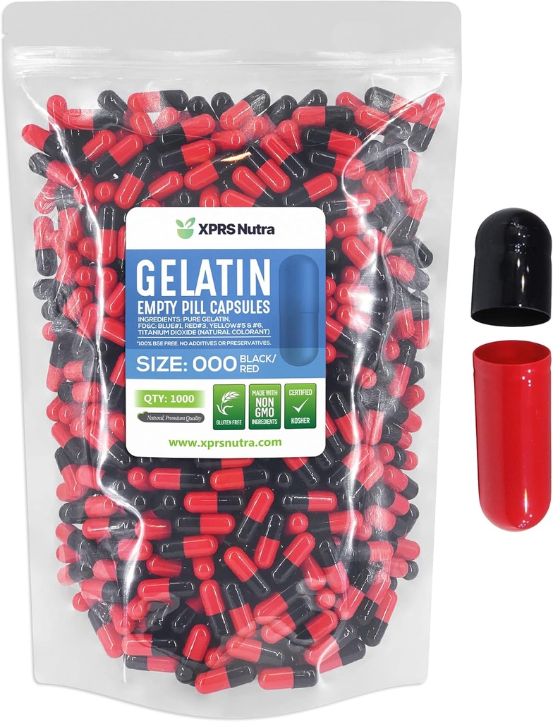 XPRS Nutra Størrelse 000 Tomme kapsler - 1000 Tomme Tomme Gelatine kapsler - Piller til det selv supplement Kapselfyld - Fyldelig farve Gel Caps piller til Do- It- Yourself kosttilskud (rød / sort)