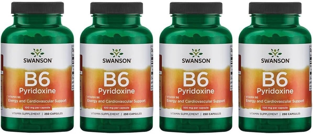 Swanson B6 Pyridoxin - vitamintilskud til fremme af kardiovaskulær sundhed og energimetabolisme - naturlig formel til fremme af den samlede sundhed - (250 kapsler, 100 mg hver) (4 pakke)