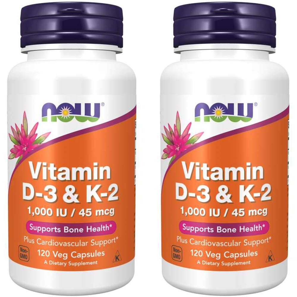 Now Foods Vitamin D-3 & K-2, 120 Vegetabilske Kapsler (2 Pack)