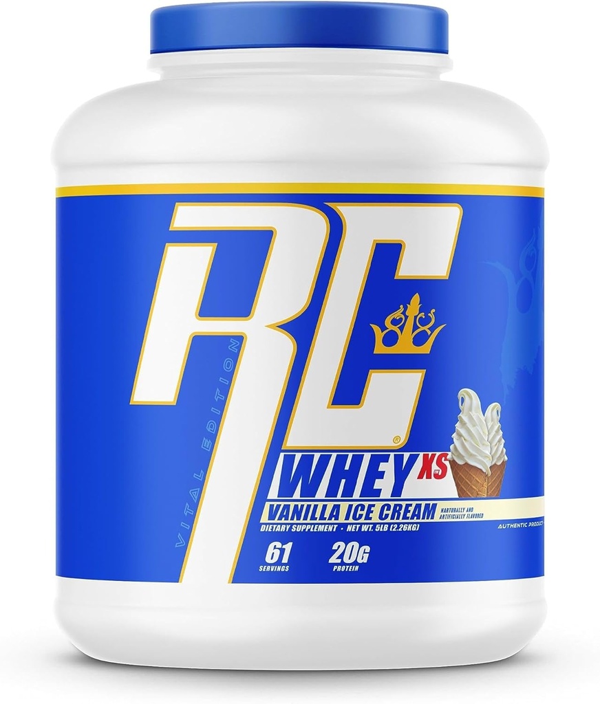 Ronnie Coleman Whey XS Whey Protein Powder Vanilla Ice Cream 61 Servering - 20g Whey Isolere protein pulver med BCAA, EAA & Glutamin - Lavt sukker supplement til muskel vækst og inddrivelse