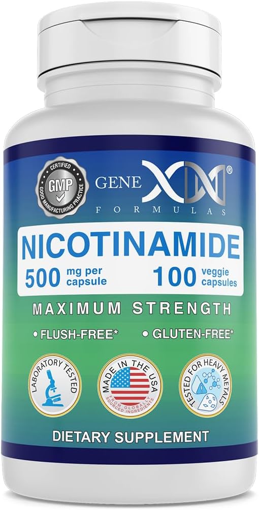Genex formulas - Nicotinamid 500mg vitamin B3 Flush Free Niacin kapsler til sund hud - Niacinamid supplement piller hjælpe producere Keratin & Support Skin Cell Health & Energy - (100 kapsler)