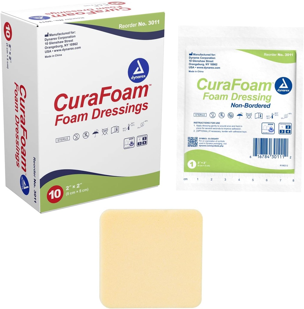 Dynarex 3011 CuraFoam Foam Dressing, Non-Bordered, Steril, Provides Cushioned and Fuist Wound Care, 2 "x 2", Pack of 10