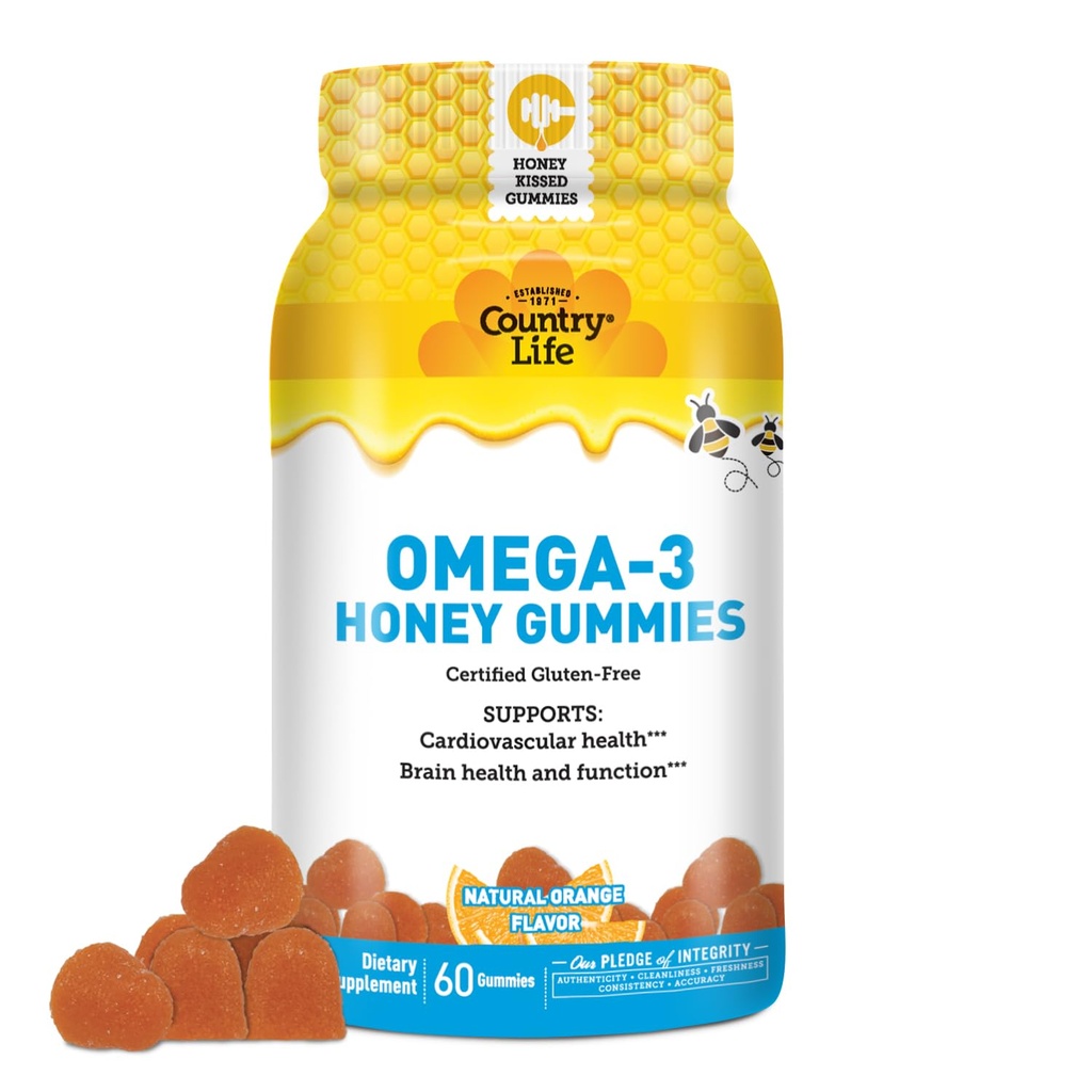 Country Life Omega-3 Honey Gummies - Kardiovaskulær & Brain Health Support - non-GMO, Certified Gluten Free - naturligt sødet - 60 Gummies