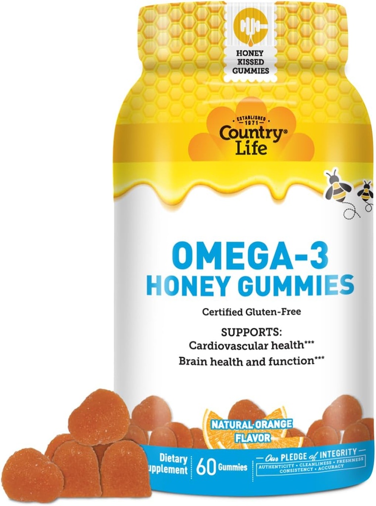 Country Life Omega-3 Honey Gummies - Kardiovaskulær & Brain Health Support - non-GMO, Certified Gluten Free - naturligt sødet - 60 Gummies