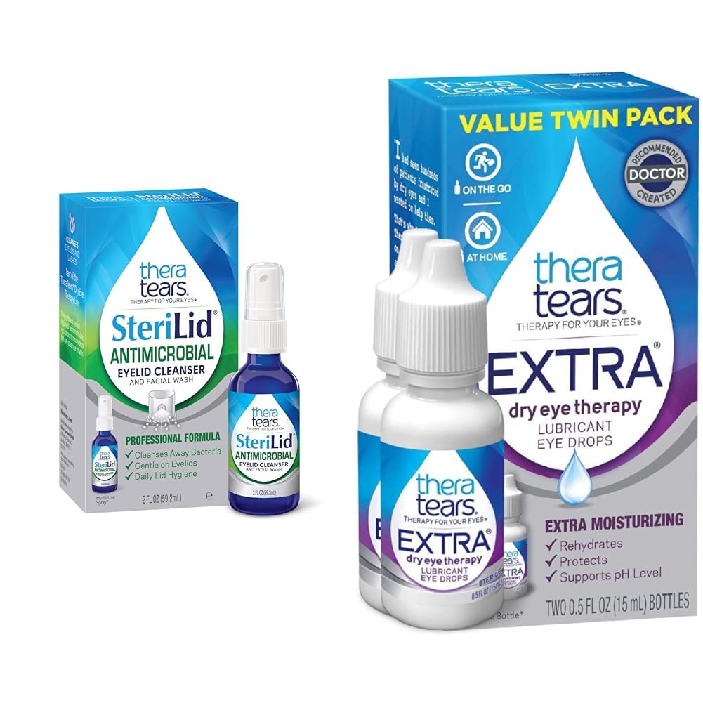 TheraTears Extra Dry Eye Therapy Smøremiddel øjendråber til tørre øjne, 0,5 fl oz flaske, 2 Grev & SteriLid Eyelid Cleaner og Ansigtsvask, for irriterede øjne, 2 fl oz Spray