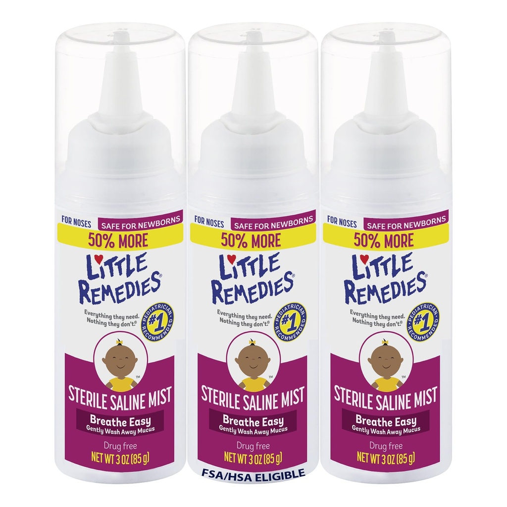 Little Remedies Steril Baby Saline Nasal Mist, Safe for Newborns to Relieve Stuffy and Try Noses, 3 Fl Oz, Pack of 3