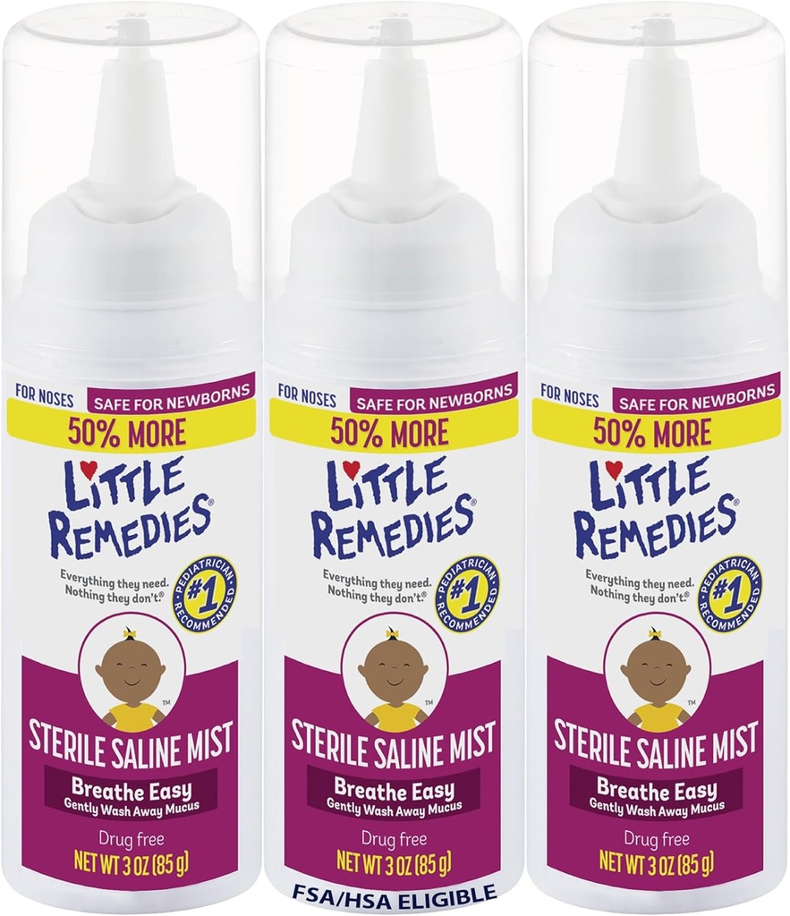 Little Remedies Steril Baby Saline Nasal Mist, Safe for Newborns to Relieve Stuffy and Try Noses, 3 Fl Oz, Pack of 3