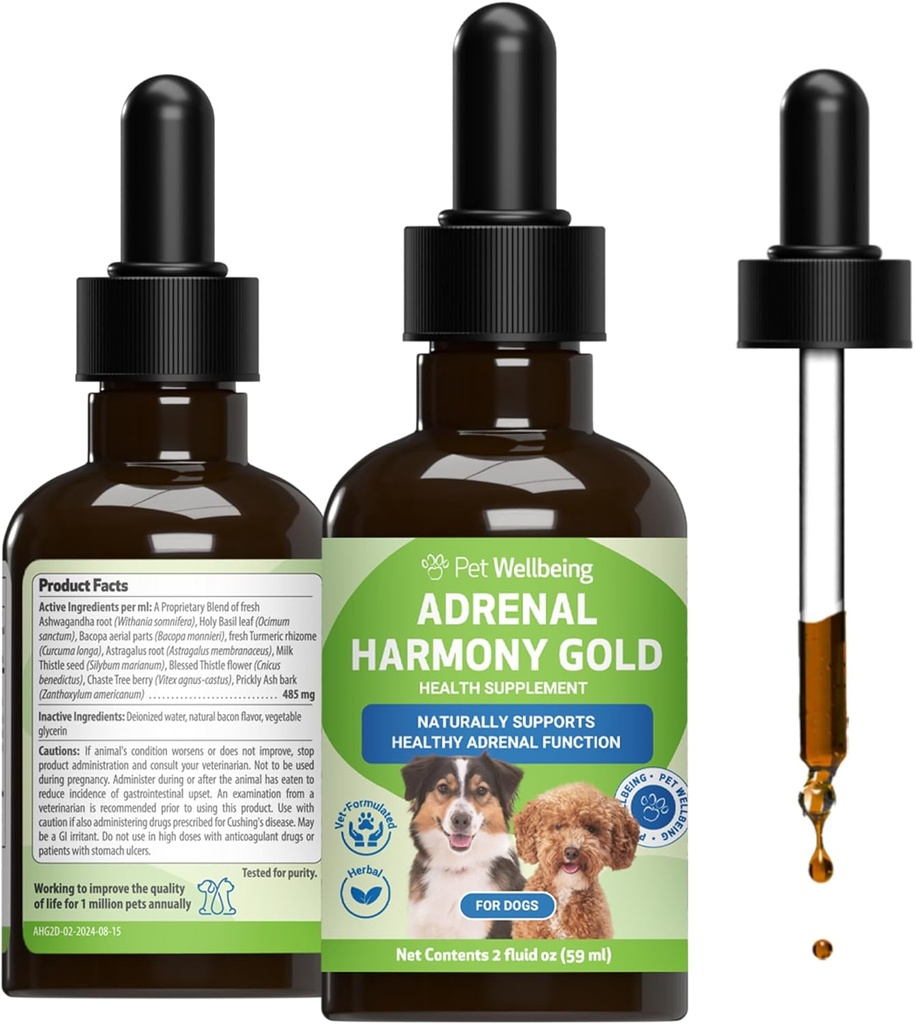Pet Wellbeing Adrenal Harmony Guld til hunde - Vet- Formuleret - Understøtter sund binyrefunktion, Normal Cortisol Niveauer, Sund tørst & Vægt - Holistisk supplement - 2 oz (59 ml)