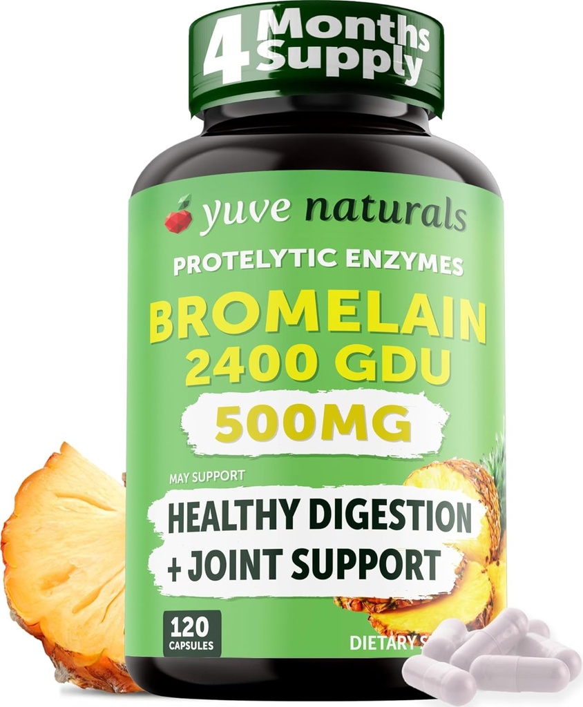 Yuve High Potency Bromelain 500mg 2400GDU fordøjelsesenzymer - Gut & fælles sundhed fra Ananas - Hjælper digesting proteiner - Plantbaseret, ikke-GMO, 3. part testet - 120 kapsler